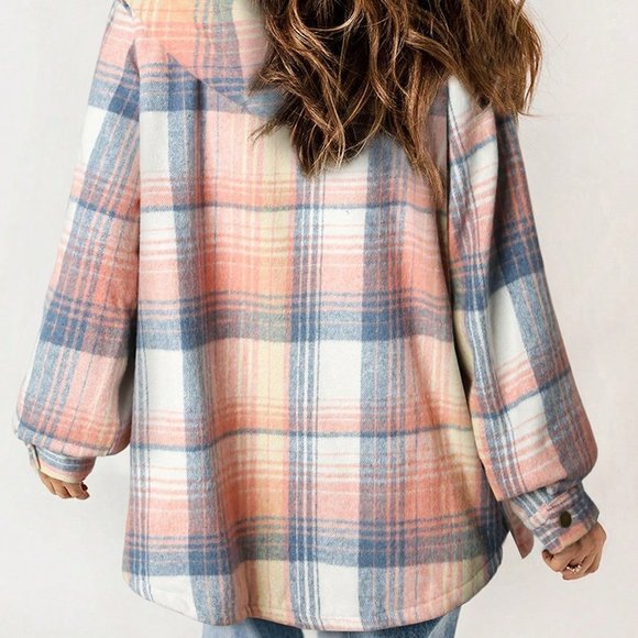 Pink Casual Womens Plaid Print Teddy Lined Hooded Coat - Picture 3 of 6